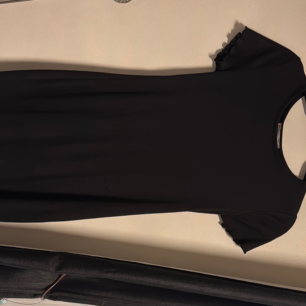 Pink Rose Black Sheath Midi Dress with Flutter Sleeves